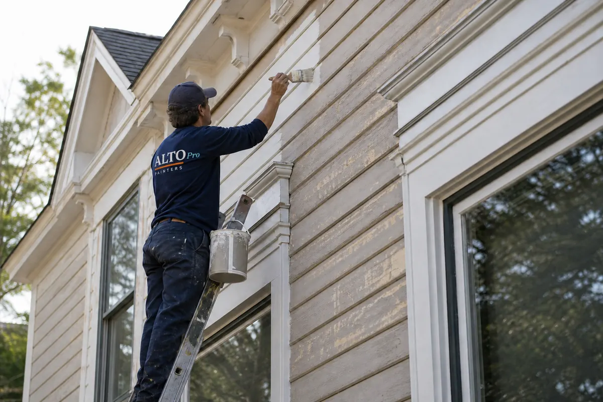 Painter on a ladder brushing paint onto the trim and siding of a house, exterior painting in Naramata