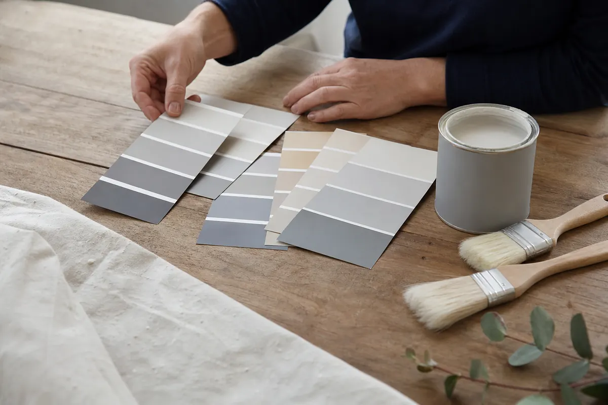 Paint colour swatches beside brushes and a paint tin