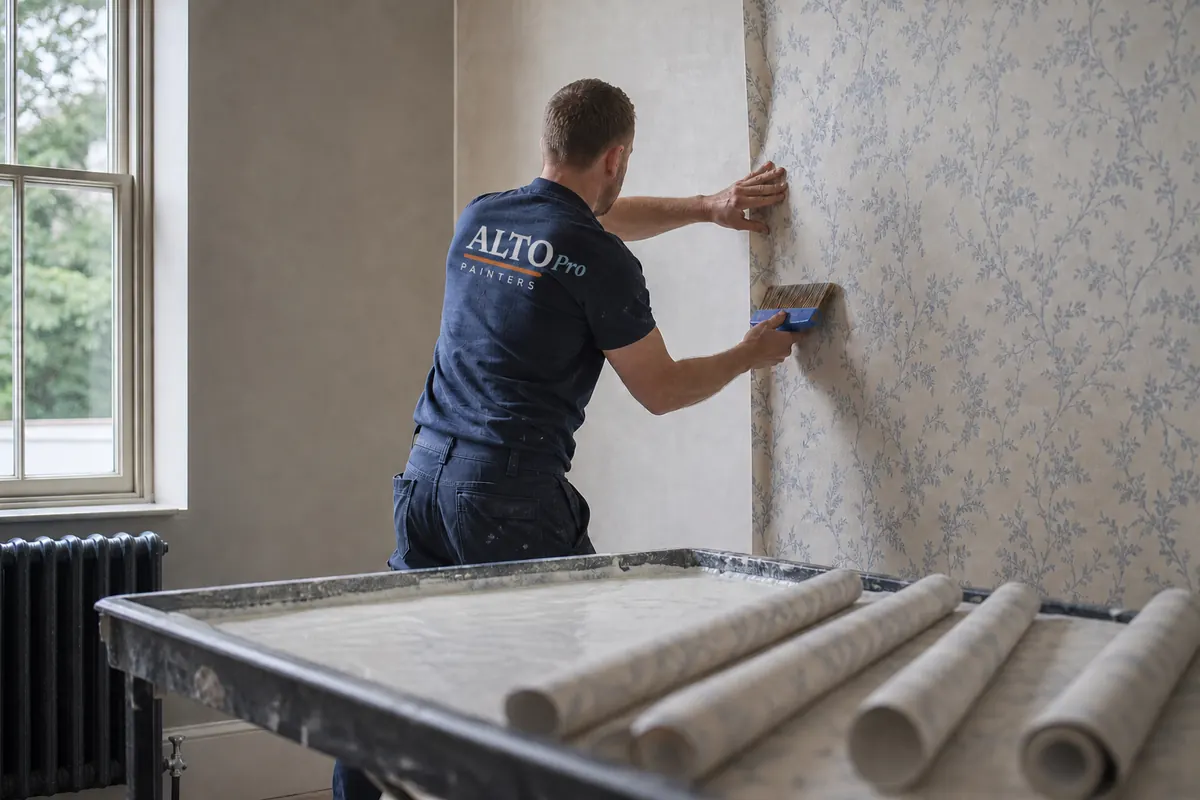 Patterned wallpaper being smoothed onto a wall, wallpaper hanging in Naramata