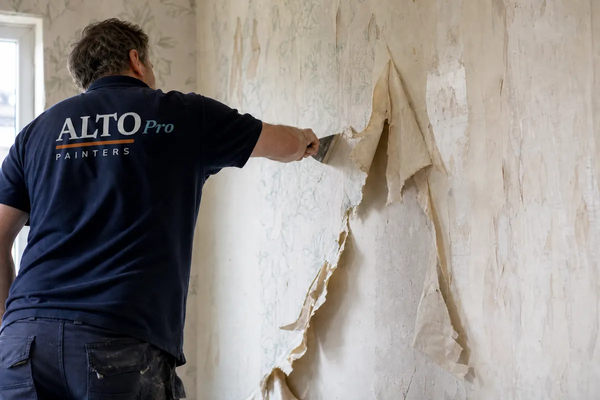 Old wallpaper being peeled off a wall with a scraper, wallpaper removal in Naramata