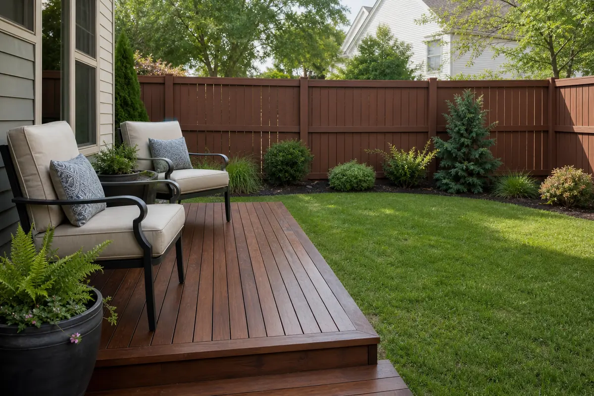 Freshly stained deck and painted fence in a backyard, fence and deck painting in Kaleden