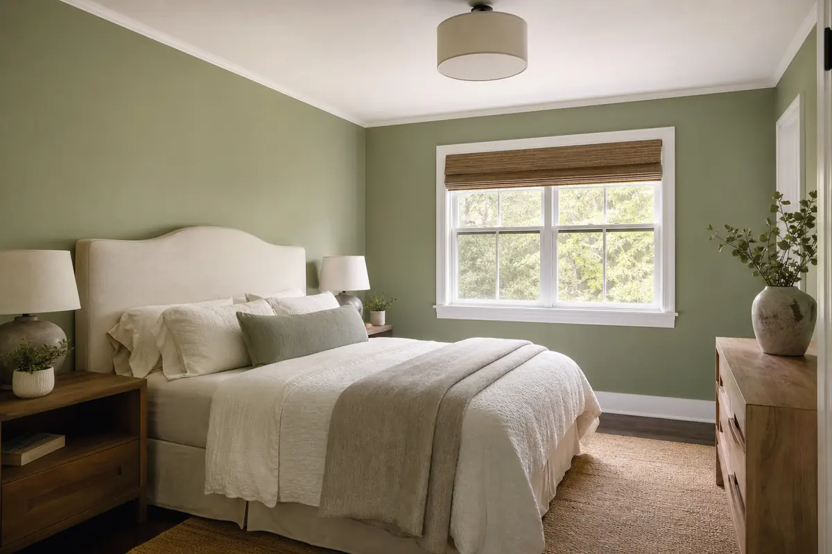 Freshly painted bedroom in soft sage green, Alto Pro Painters