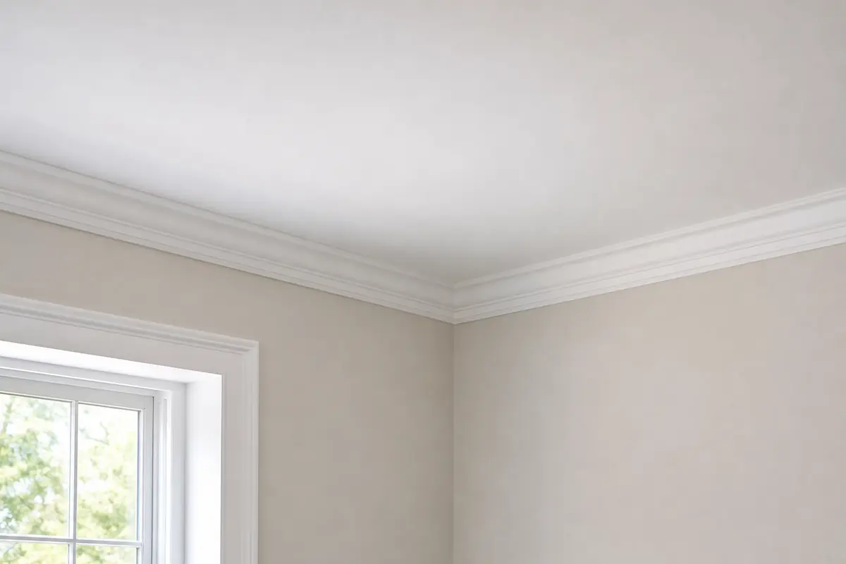 Smooth white ceiling meeting crown moulding, popcorn ceiling removal in Penticton