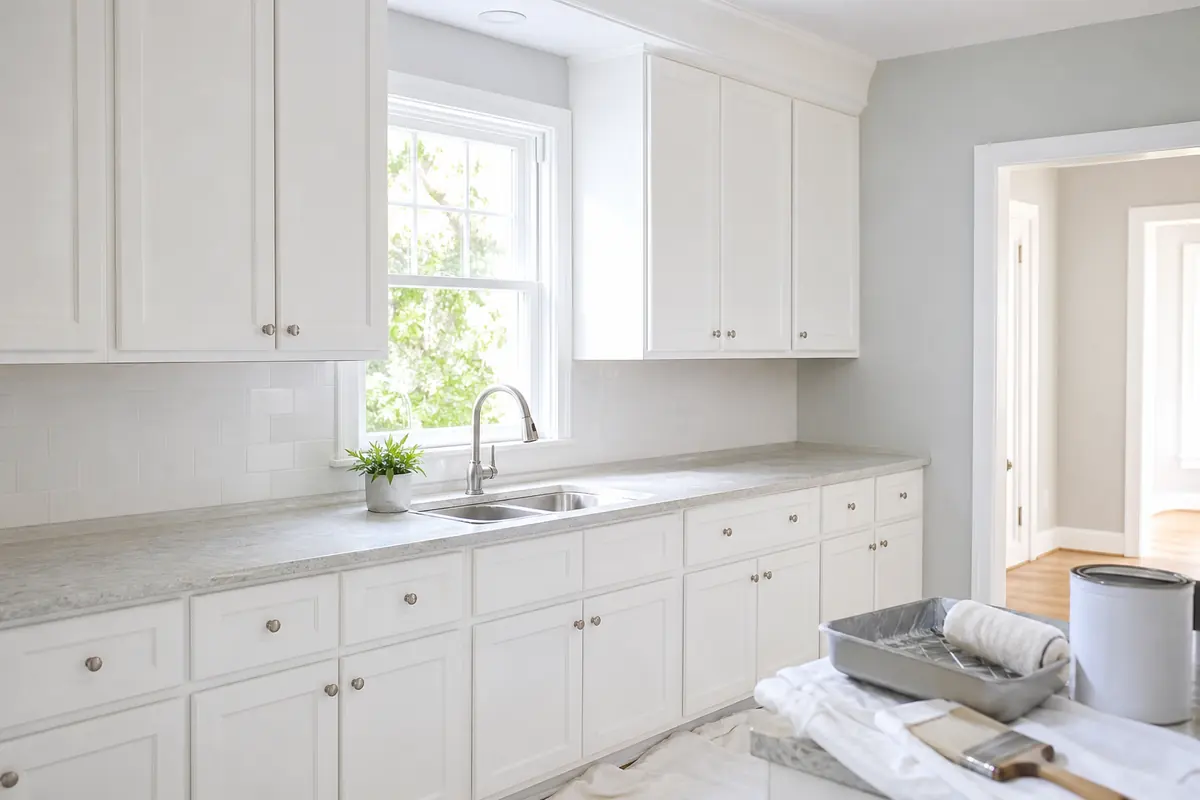 Bright kitchen with freshly painted white cabinets, Alto Pro Painters