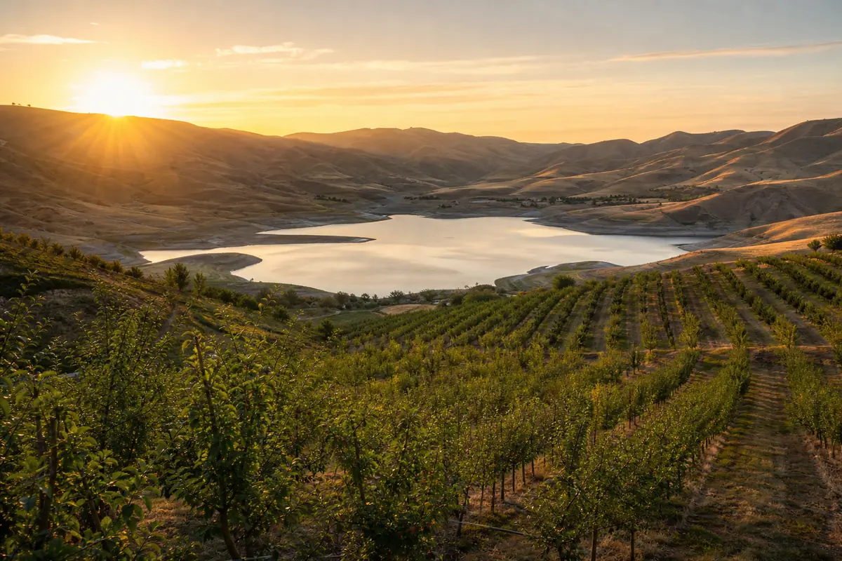 Lake and orchard rows at sunrise in a dry valley, painters serving Naramata