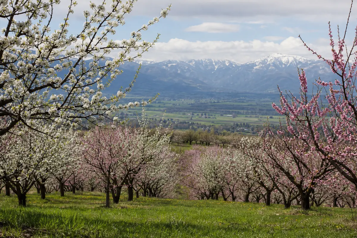 Orchard in spring bloom with mountains beyond, painters serving Peachland