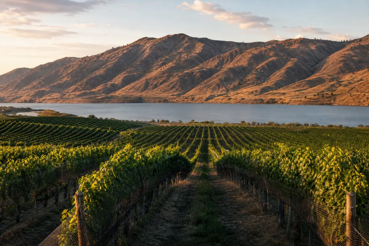 Vineyard rows running toward a lake and dry hills, painters serving West Kelowna
