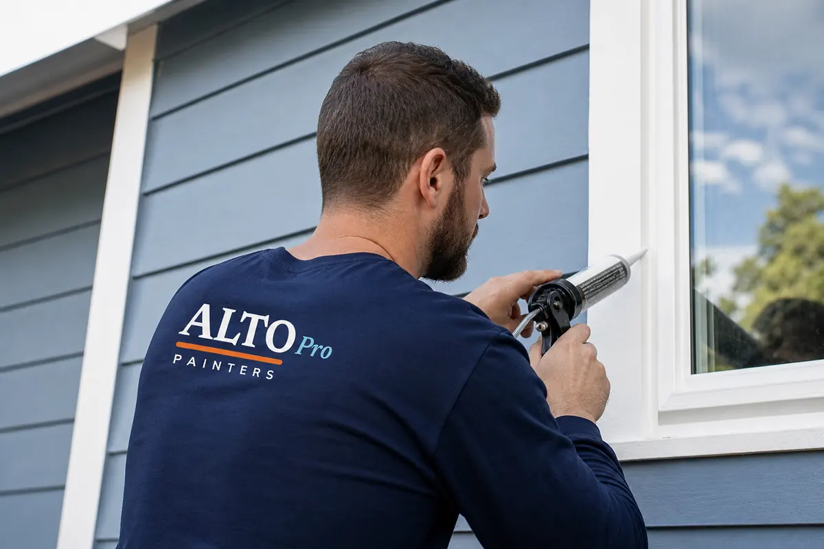 Painter caulking window trim, exterior painting in Summerland