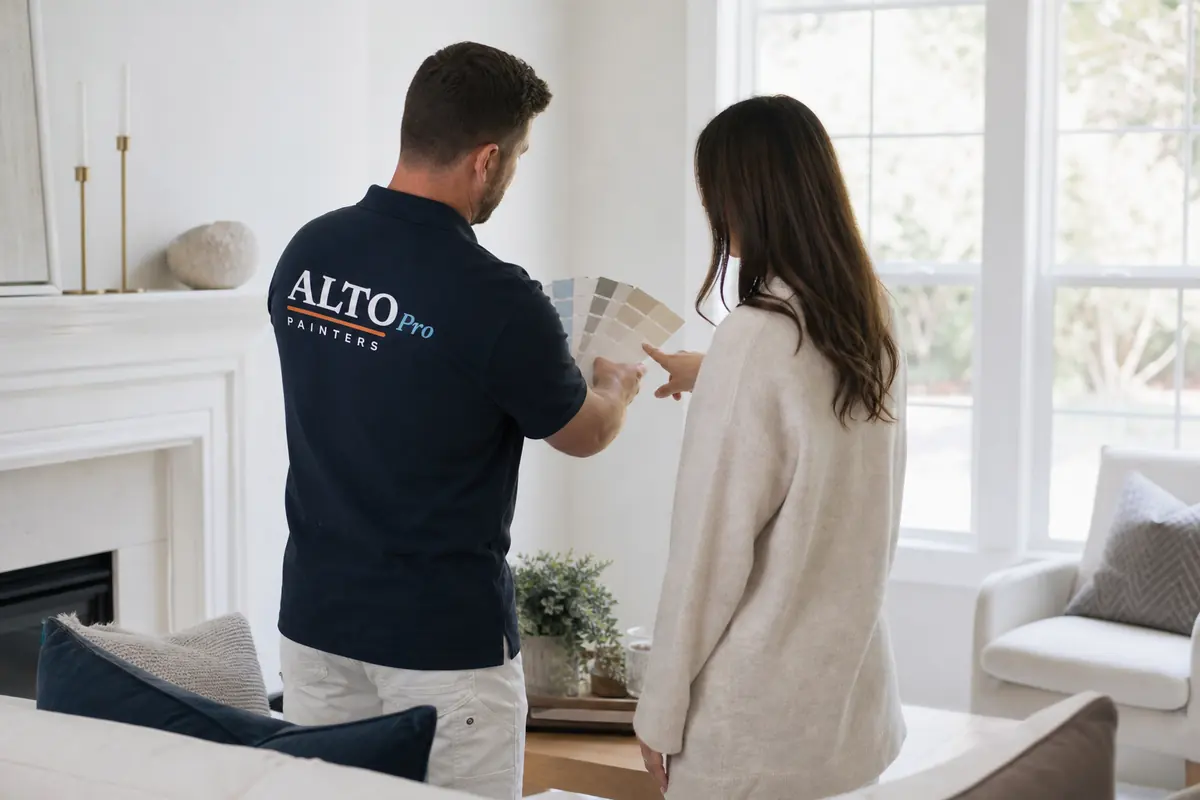 Painter showing colour swatches to a homeowner, painters serving Calgary