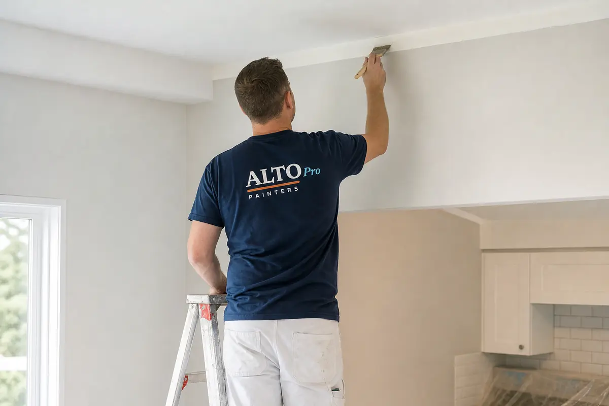 Painter cutting in the edge of a ceiling with an angled brush, Alto Pro Painters