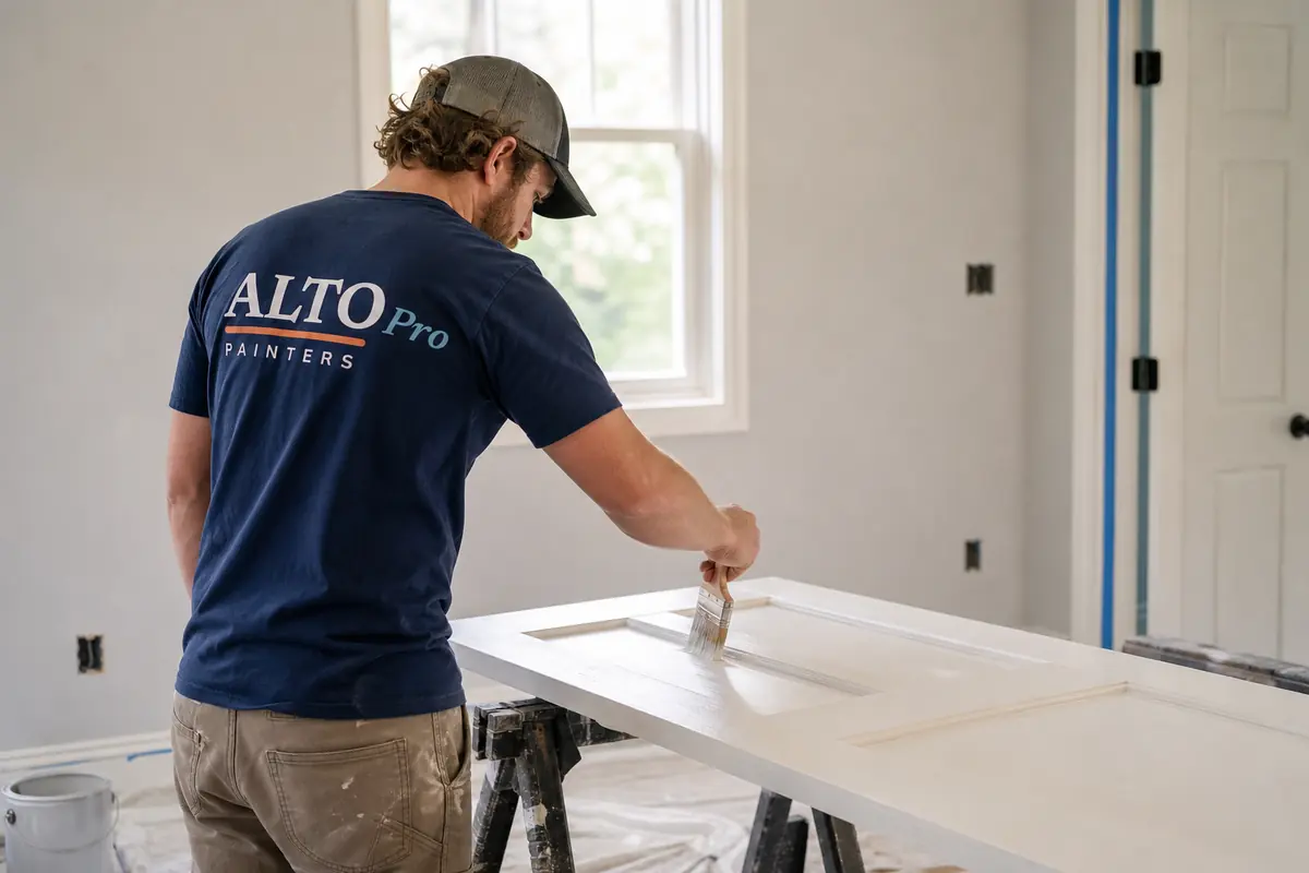 Painter brushing paint onto an interior door, cabinet painting in Osoyoos