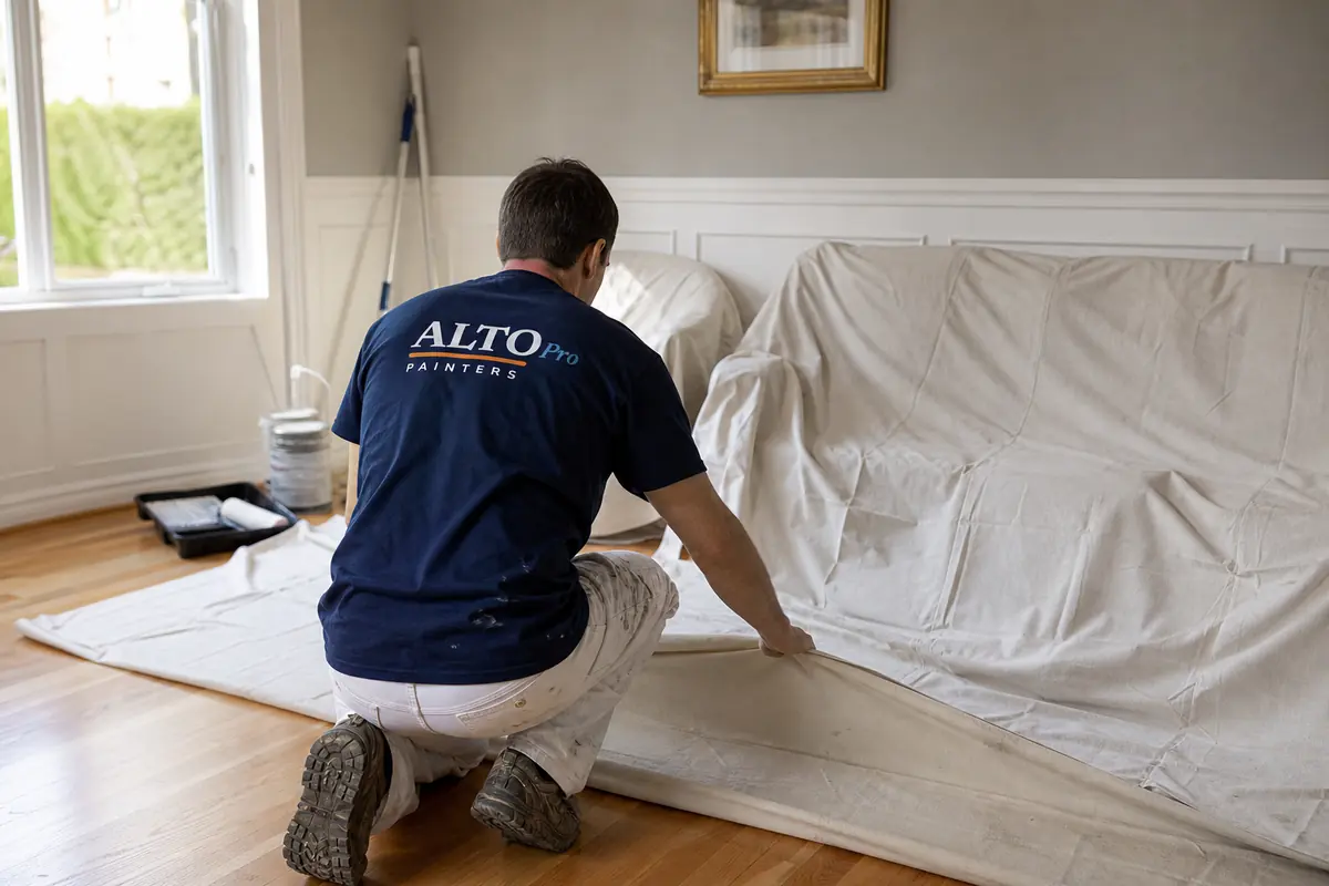 Painter covering the floor and furniture with drop cloths, Alto Pro Painters