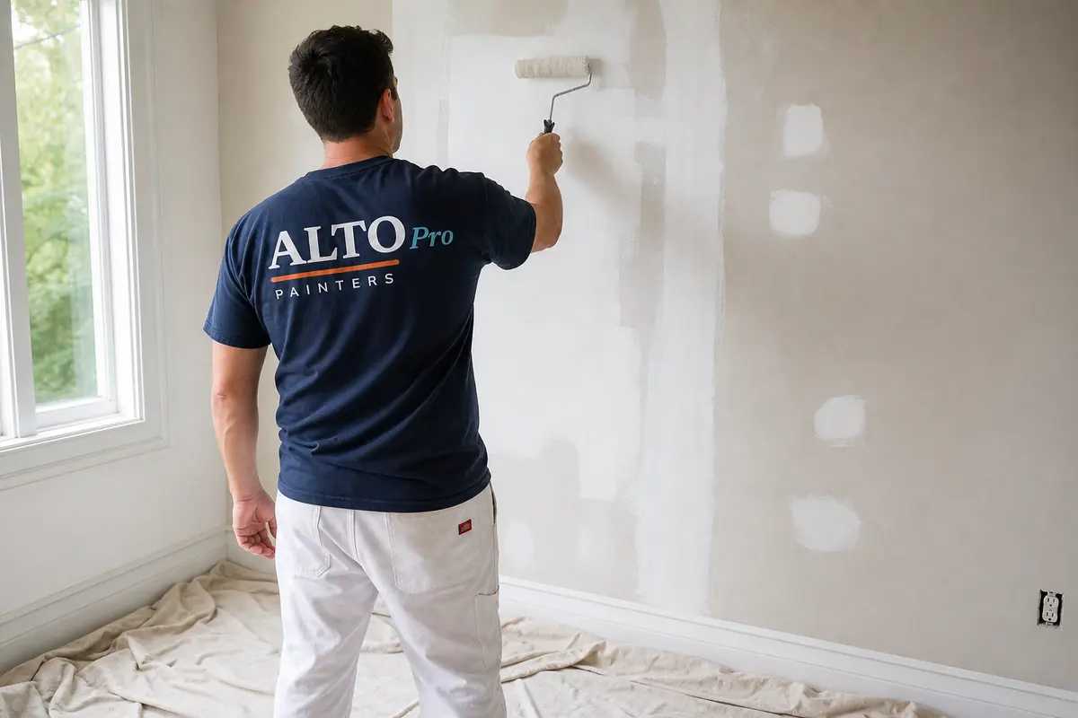 Painter rolling primer over a patched wall, Alto Pro Painters