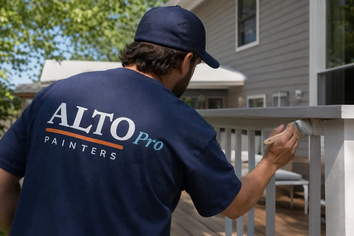 Painter brushing paint onto a deck railing, fence and deck painting in Penticton