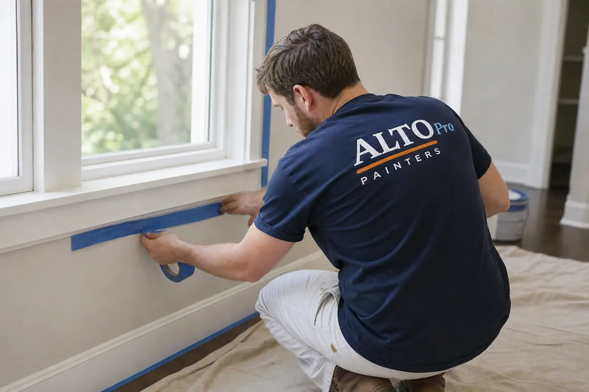 Painter taping window trim and baseboards before painting, Alto Pro Painters