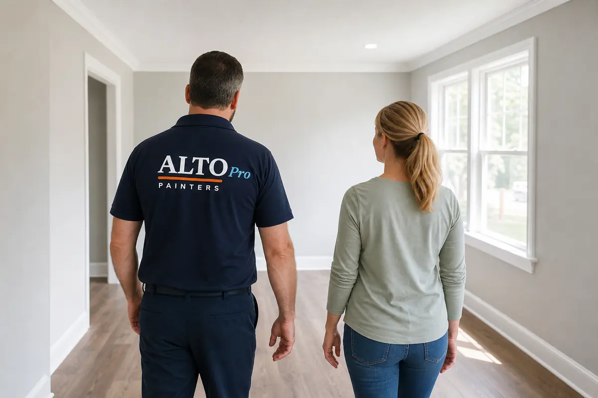 Painter and homeowner doing a final walkthrough of a painted room, Alto Pro Painters
