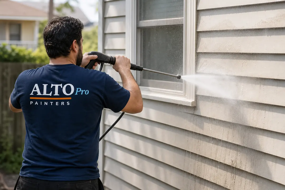Worker pressure washing house siding before painting, exterior painting in Osoyoos