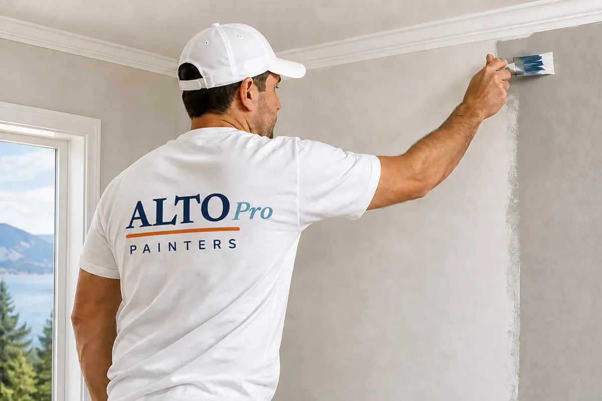 Alto Pro Painters crew member cutting in a ceiling edge with a brush