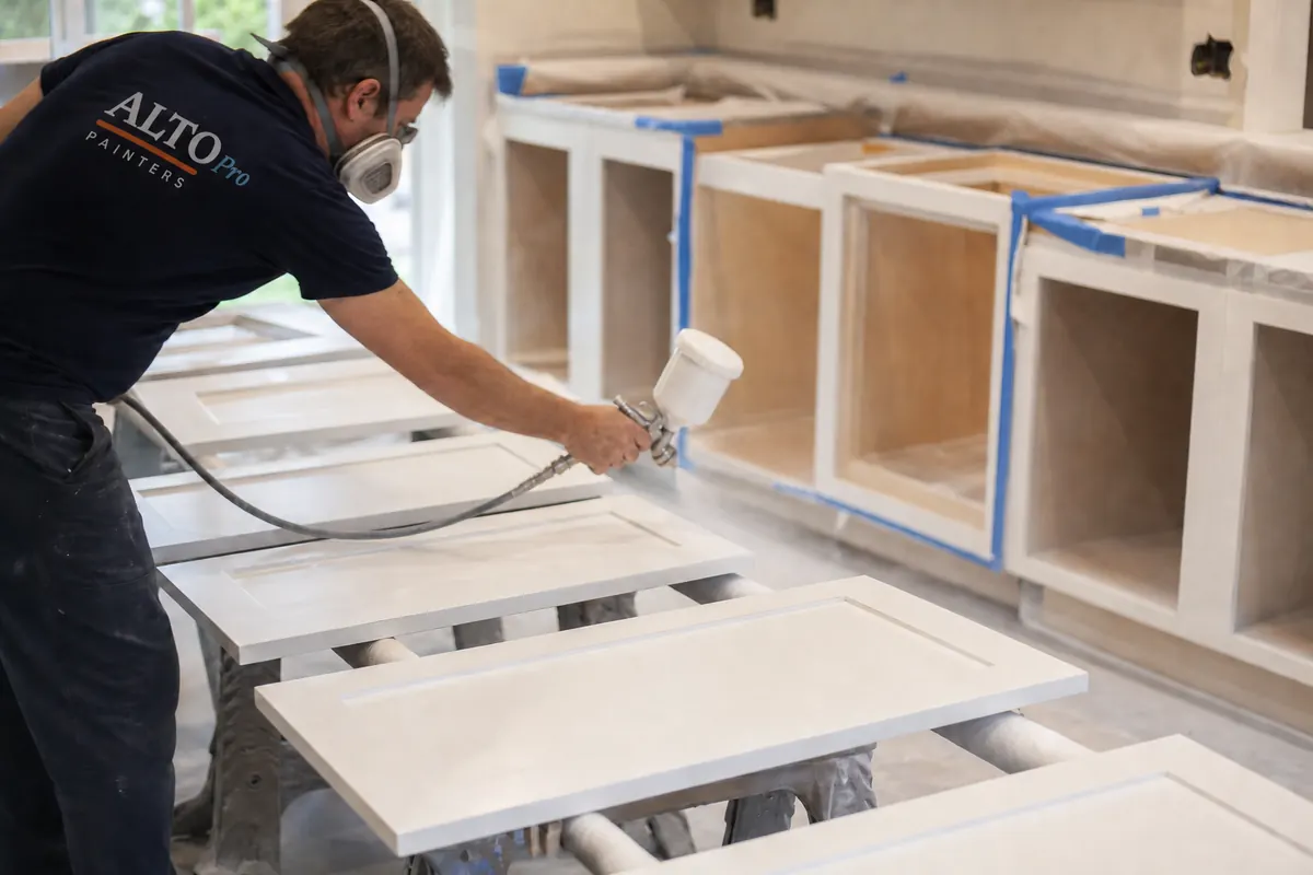 Painter spraying kitchen cabinets with masking in place