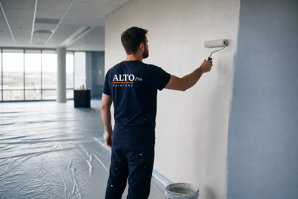 Two painters rolling walls inside a commercial space