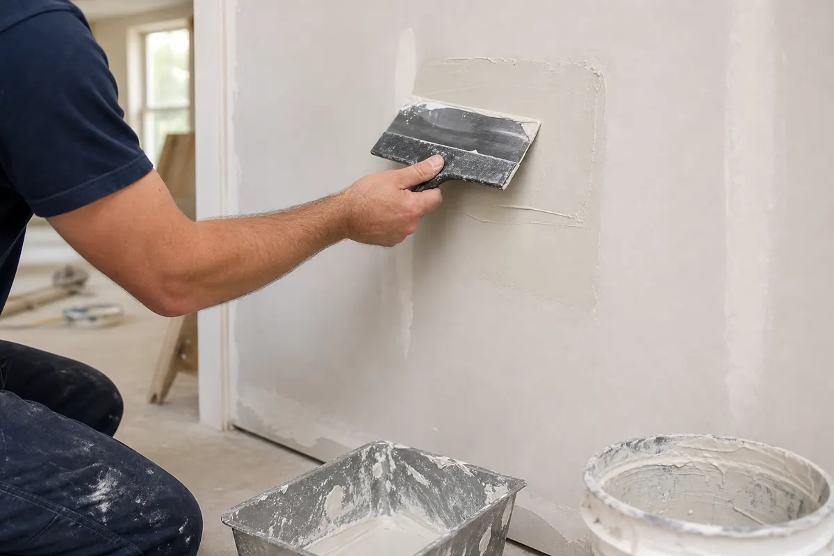 Painter sanding a patched drywall repair smooth