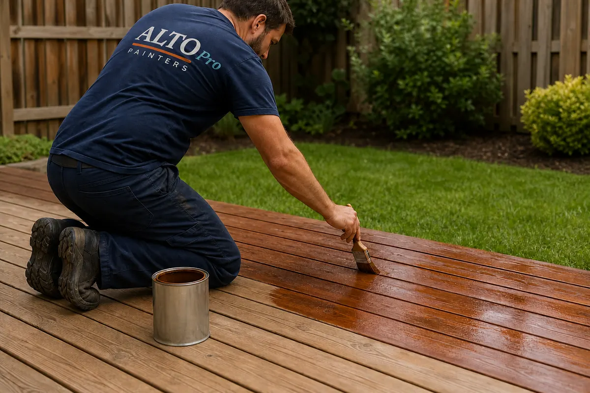 Painter staining a cedar deck