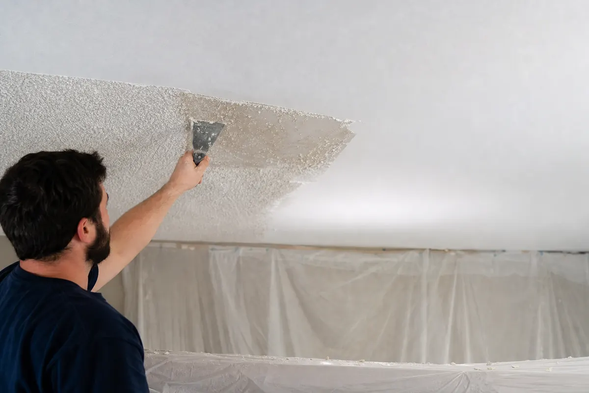 Painter scraping a textured ceiling with a drop sheet below