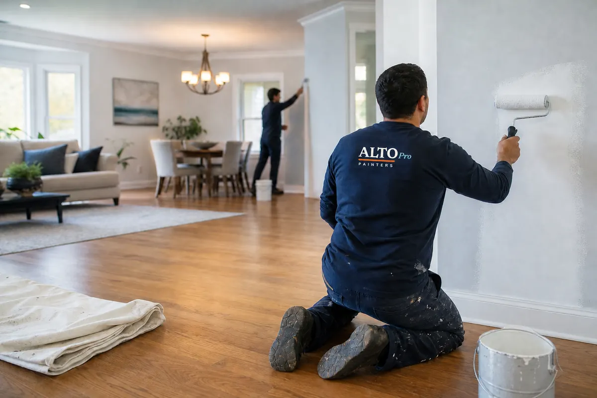 Painter finishing window trim on a family home